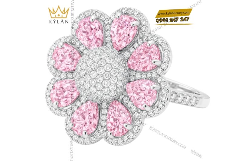 Nhẫn hoa vàng trắng Au750 đính kim cương và sapphire hồng