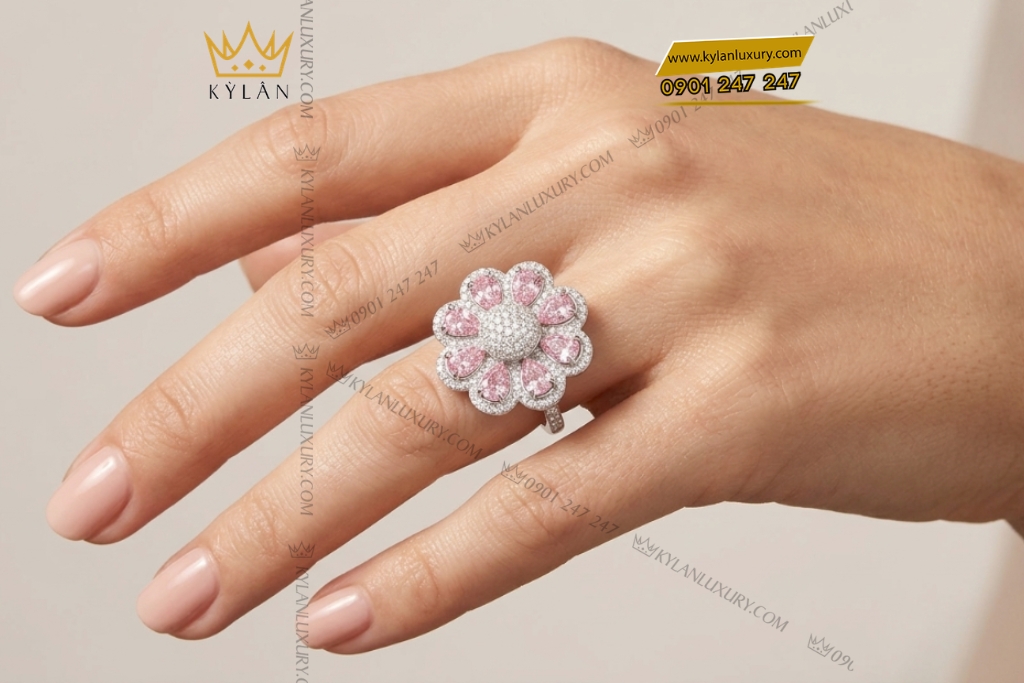 Kỳ Lân Luxury Nhan bong hoa vang trang Au750 dinh kim cuong va sapphire hong 8 Nhẫn hoa vàng trắng Au750 đính kim cương và sapphire hồng