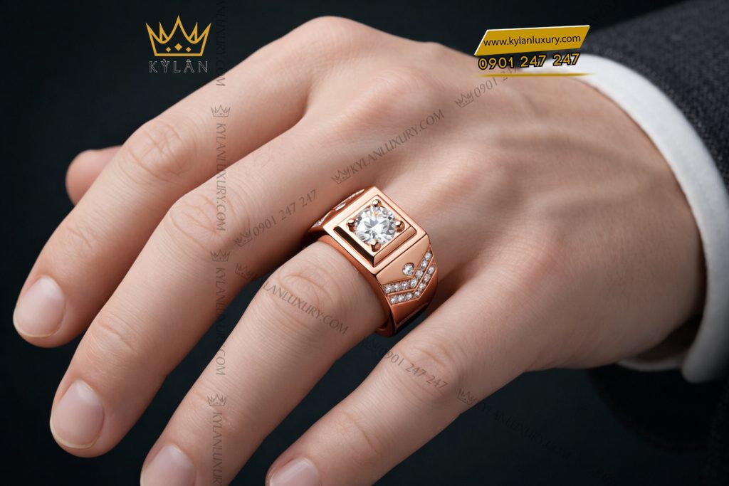 Kỳ Lân Luxury Nhan nam vang hong Au750 dinh kim cuong 10 1 Nhẫn nam vàng hồng Au750 đính kim cương