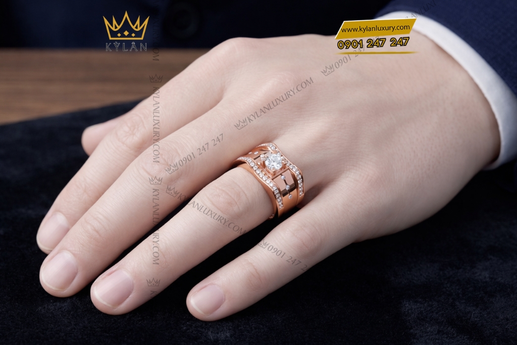 Kỳ Lân Luxury Nhan nam vang hong Au750 dinh kim cuong 18 Nhẫn nam vàng hồng Au750 đính kim cương