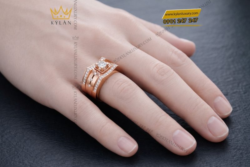 Nhẫn nam vàng hồng Au750 đính kim cương