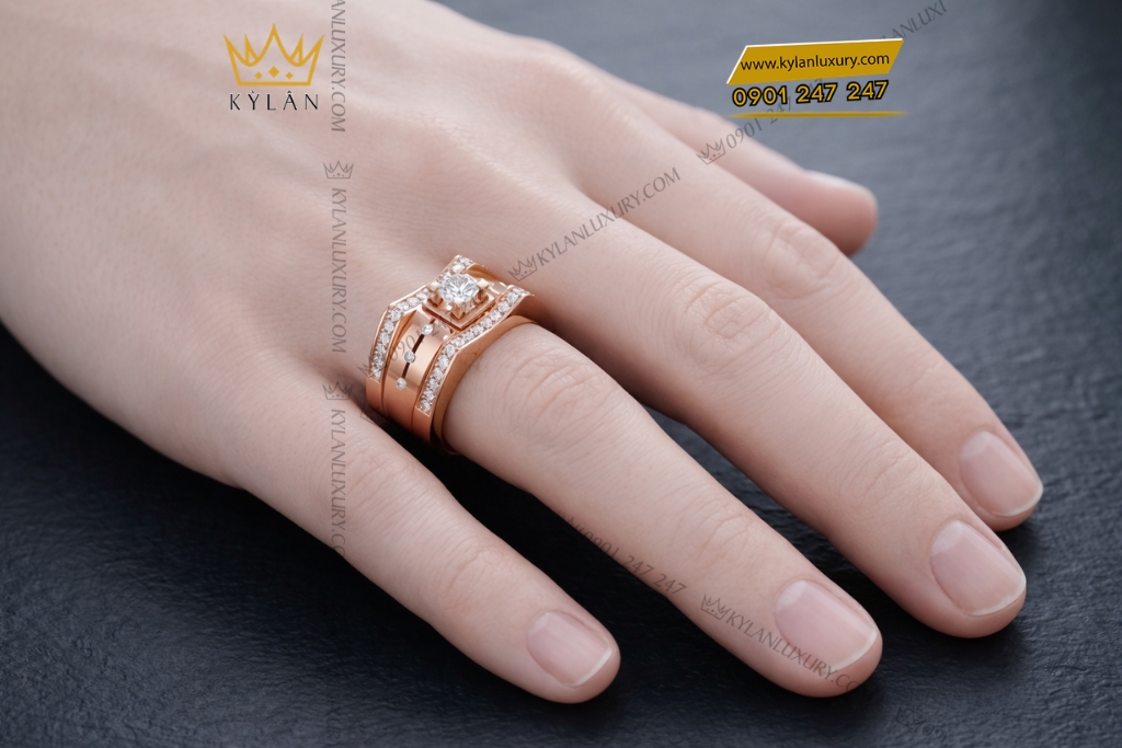 Nhẫn nam vàng hồng Au750 đính kim cương