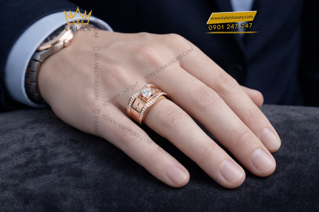 Kỳ Lân Luxury Nhan nam vang hong Au750 dinh kim cuong 20 Nhẫn nam vàng hồng Au750 đính kim cương