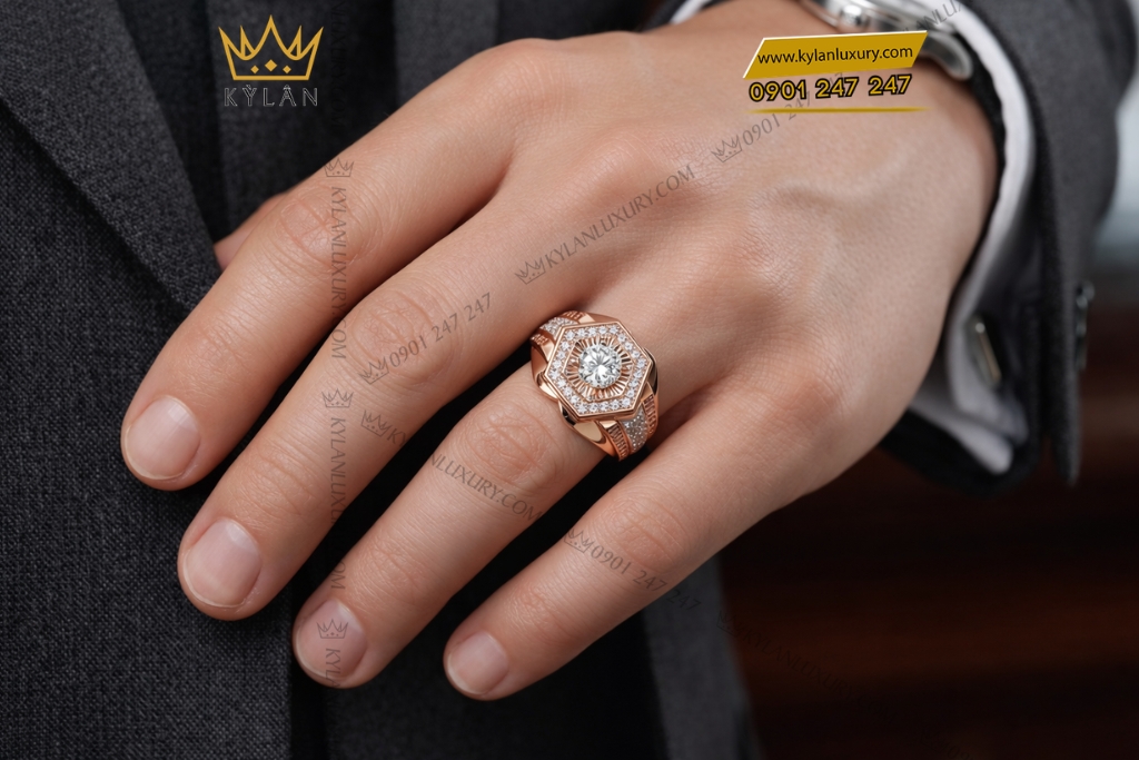 Nhẫn nam vàng hồng Au750 đính kim cương