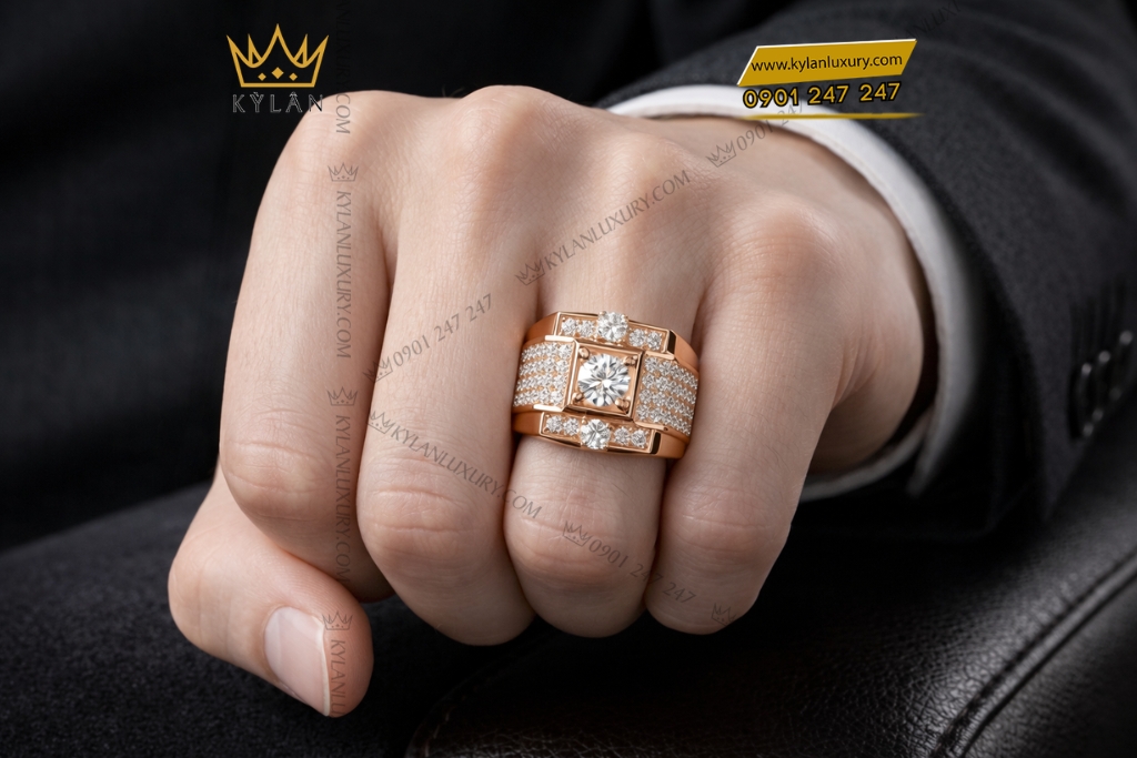 Nhẫn nam vàng hồng Au750 đính kim cương