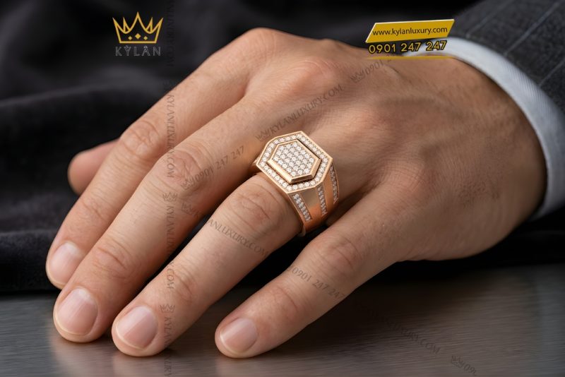 Nhẫn nam vàng hồng Au750 đính kim cương