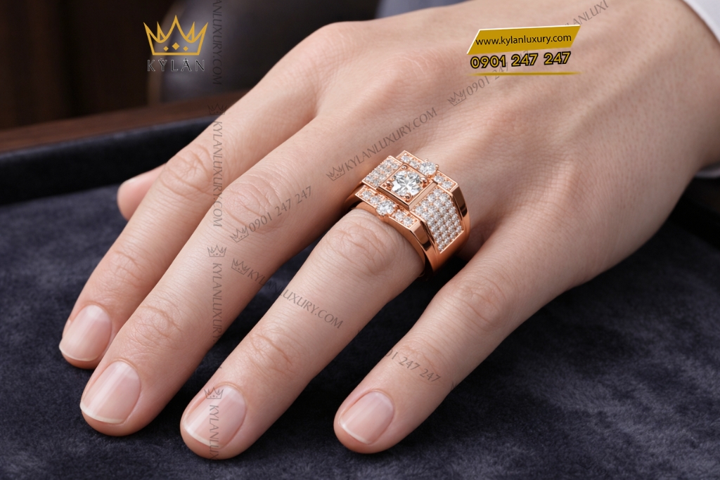 Kỳ Lân Luxury Nhan nam vang hong Au750 dinh kim cuong 8 2 Nhẫn nam vàng hồng Au750 đính kim cương