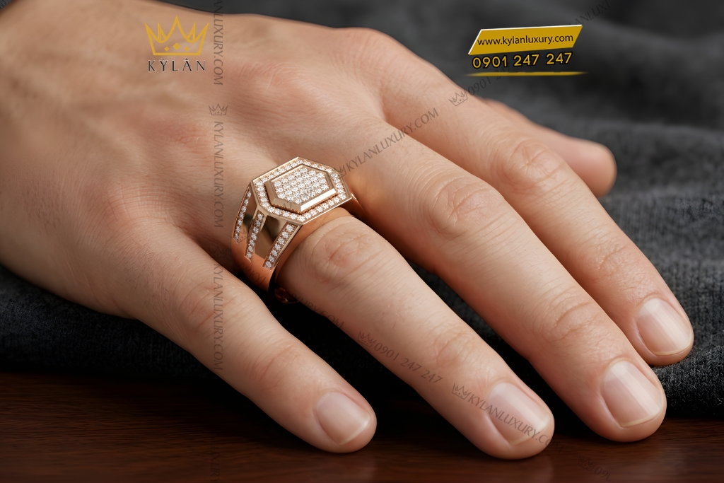 Kỳ Lân Luxury Nhan nam vang hong Au750 dinh kim cuong 8 Nhẫn nam vàng hồng Au750 đính kim cương