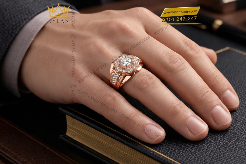 Nhẫn nam vàng hồng Au750 đính kim cương