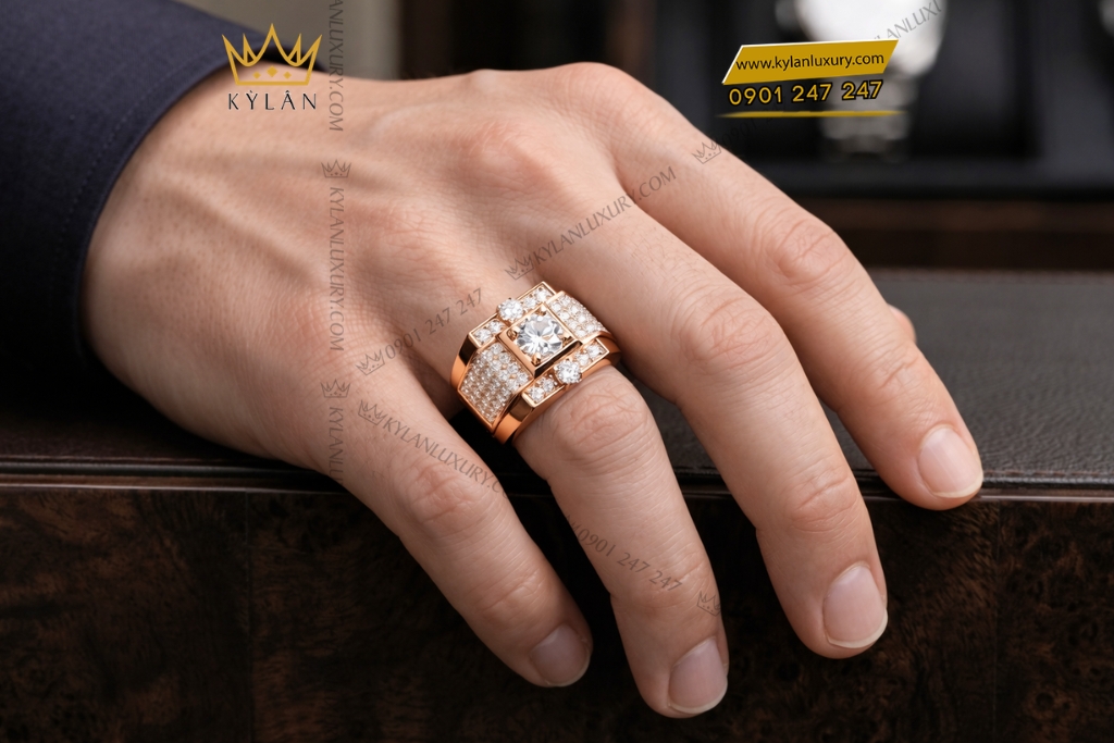 Nhẫn nam vàng hồng Au750 đính kim cương