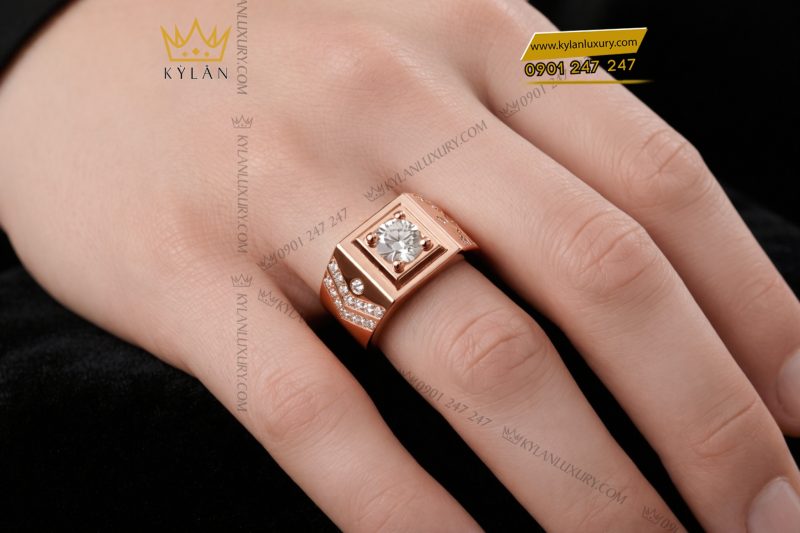 Nhẫn nam vàng hồng Au750 đính kim cương