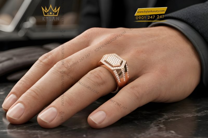 Nhẫn nam vàng hồng Au750 đính kim cương