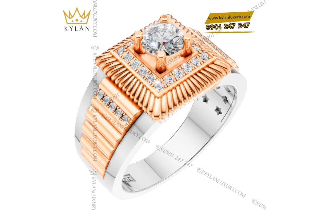 Nhẫn nam vàng hồng mix vàng trắng Au750 đính kim cương