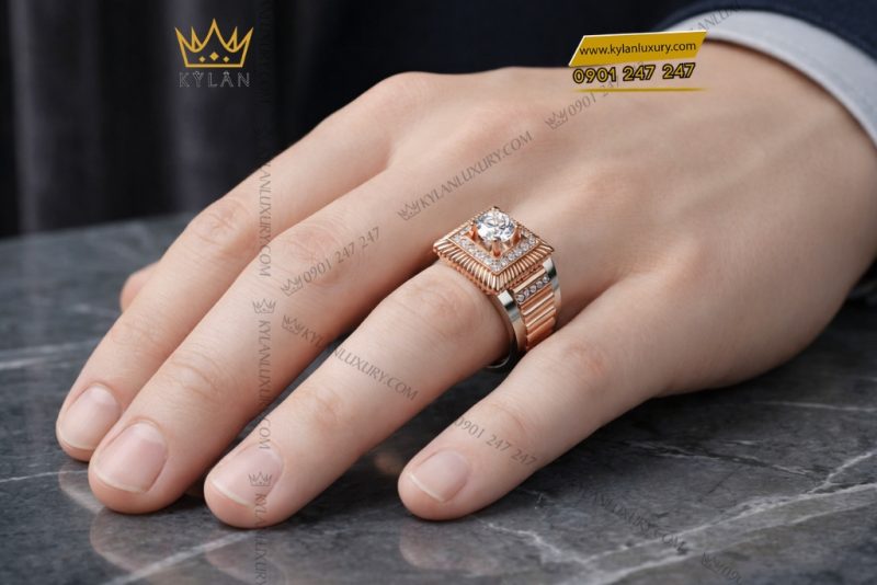 Nhẫn nam vàng hồng mix vàng trắng Au750 đính kim cương