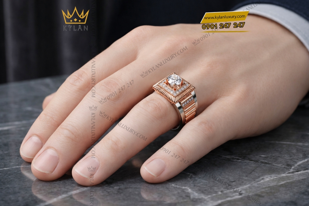 Nhẫn nam vàng hồng mix vàng trắng Au750 đính kim cương