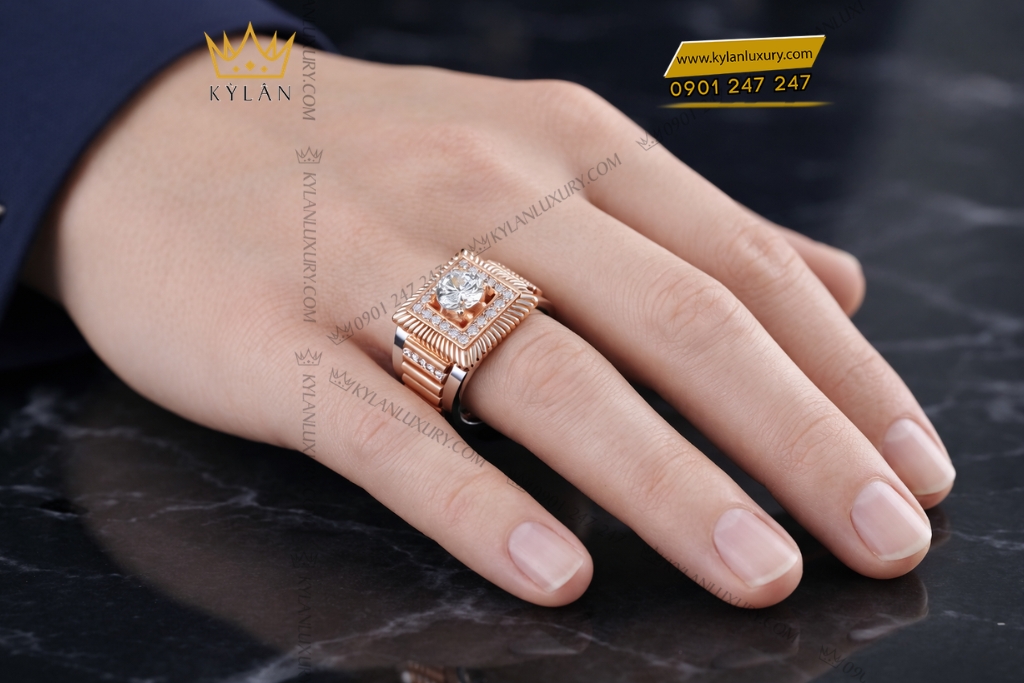 Nhẫn nam vàng hồng mix vàng trắng Au750 đính kim cương