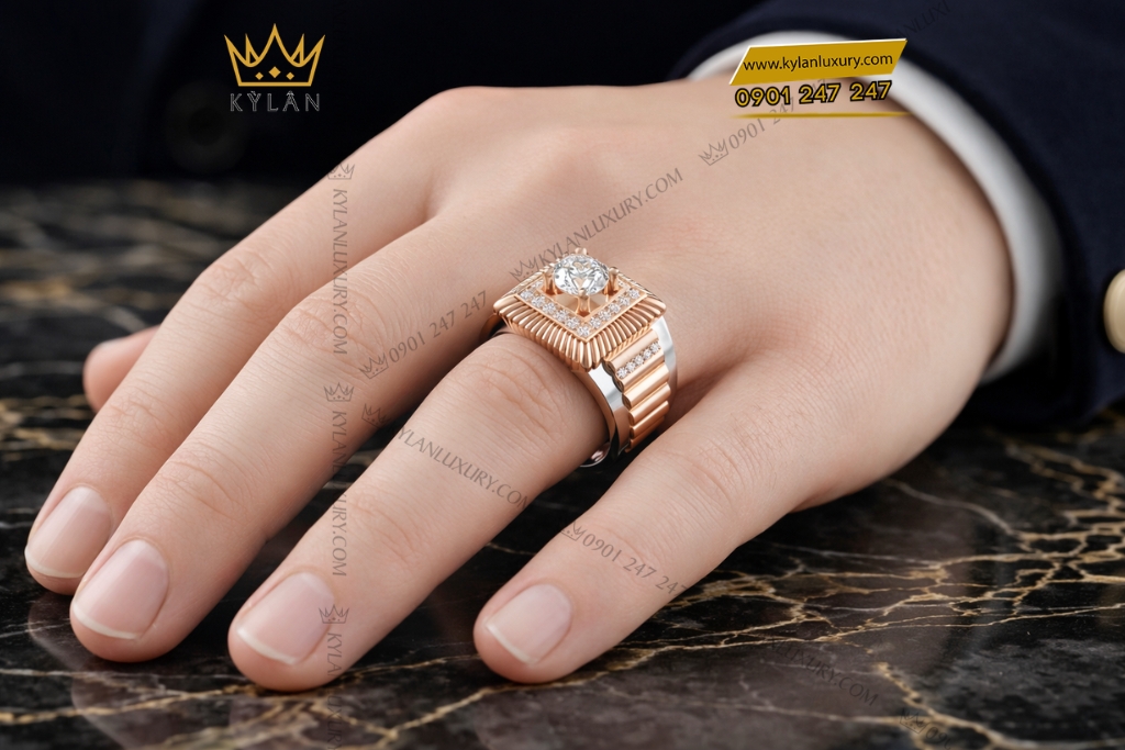 Kỳ Lân Luxury Nhan nam vang hong mix vang trang Au750 dinh kim cuong 9 Nhẫn nam vàng hồng mix vàng trắng Au750 đính kim cương