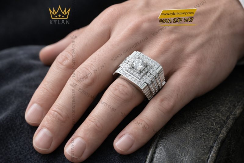 Nhẫn nam vàng trắng Au750 đính kim cương