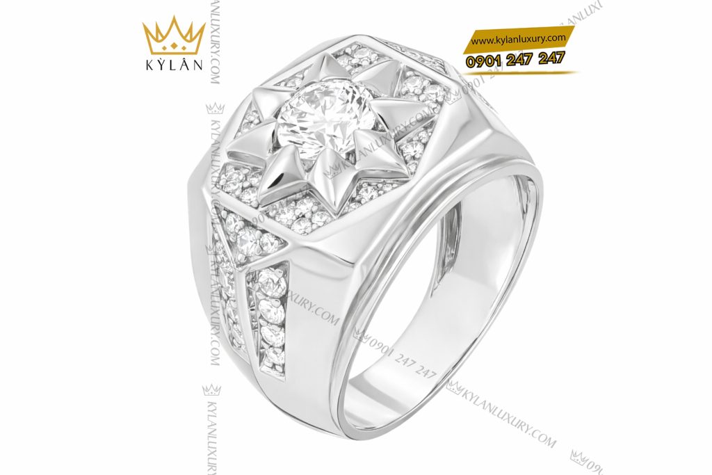 Nhẫn nam vàng trắng Au750 đính kim cương