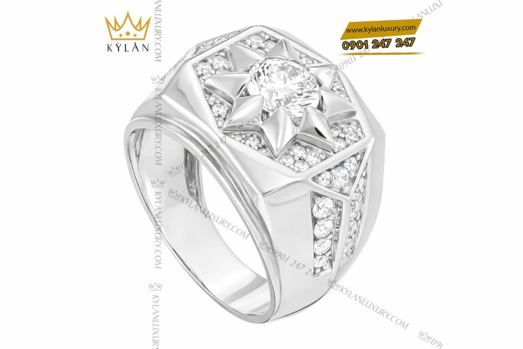 Kỳ Lân Luxury Nhan nam vang trang Au750 dinh kim cuong 13 Nhẫn nam vàng trắng Au750 đính kim cương