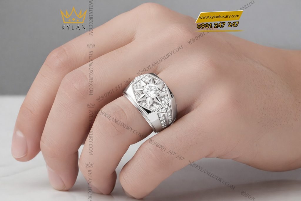 Nhẫn nam vàng trắng Au750 đính kim cương