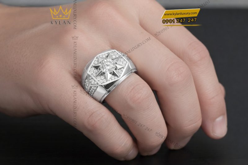 Nhẫn nam vàng trắng Au750 đính kim cương