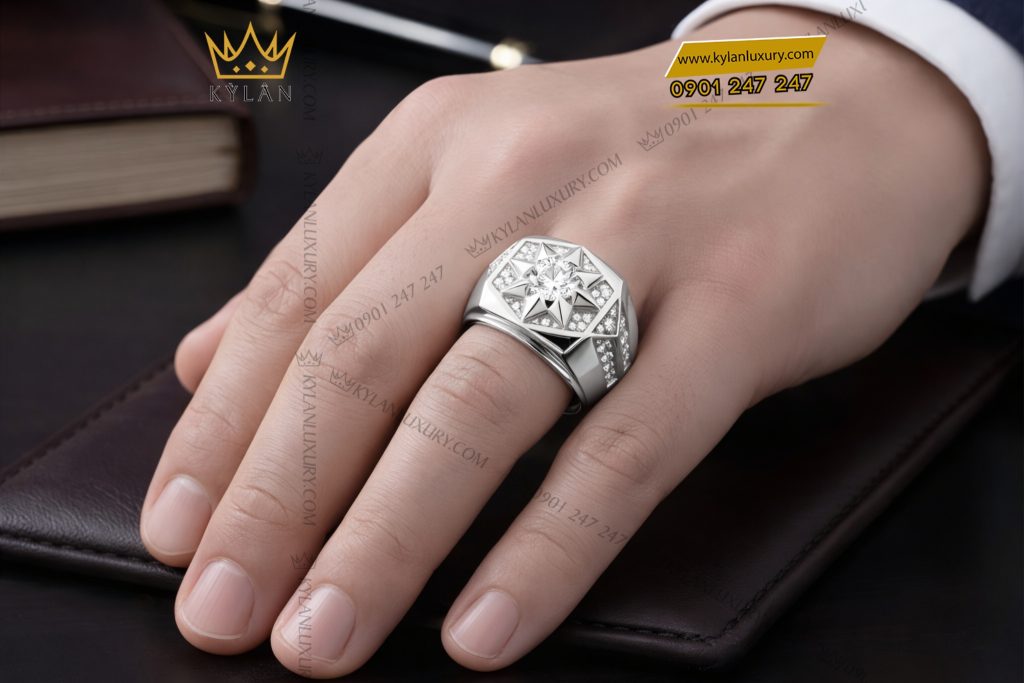 Kỳ Lân Luxury Nhan nam vang trang Au750 dinh kim cuong 18 Nhẫn nam vàng trắng Au750 đính kim cương