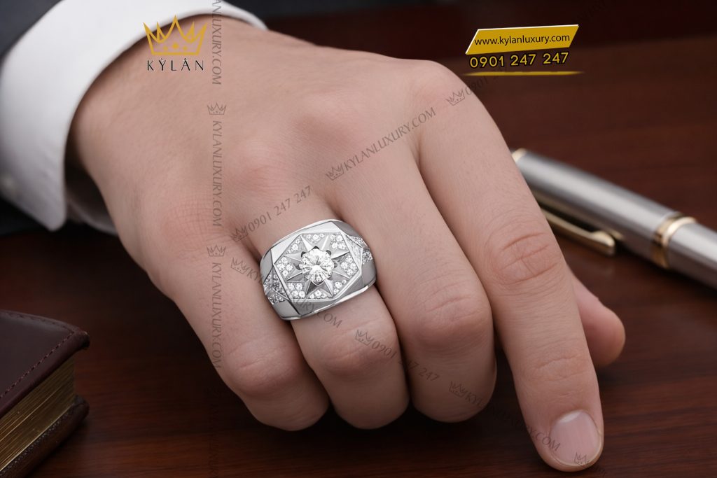 Nhẫn nam vàng trắng Au750 đính kim cương