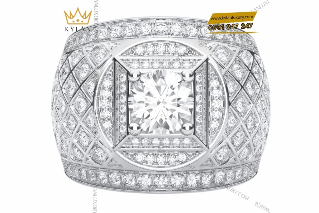 Nhẫn nam vàng trắng Au750 đính kim cương