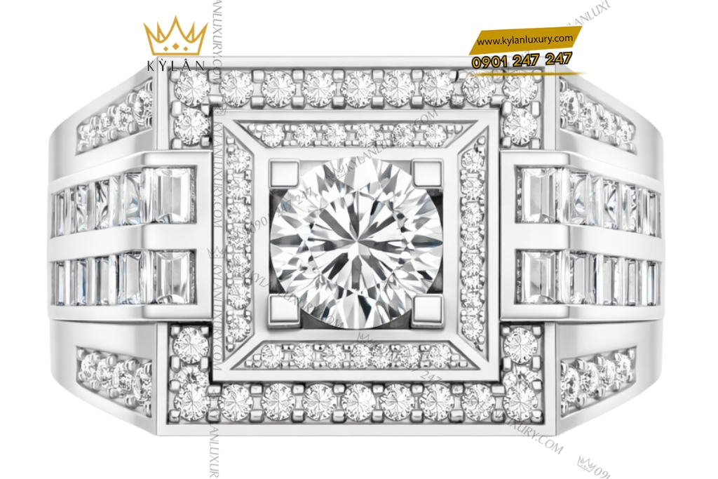 Nhẫn nam vàng trắng Au750 đính kim cương