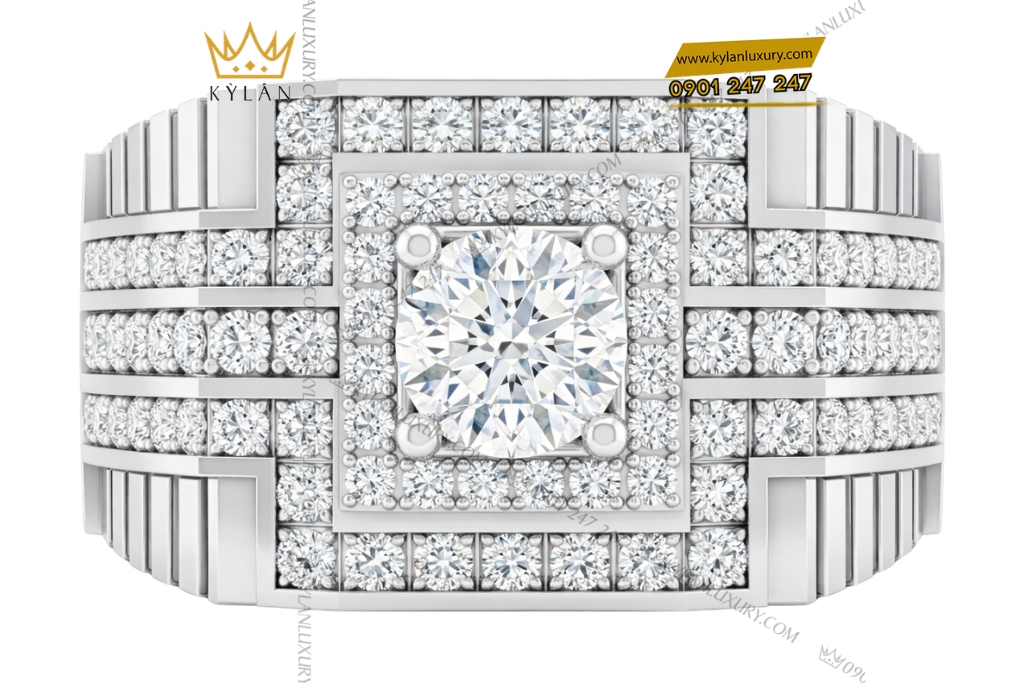 Nhẫn nam vàng trắng Au750 đính kim cương
