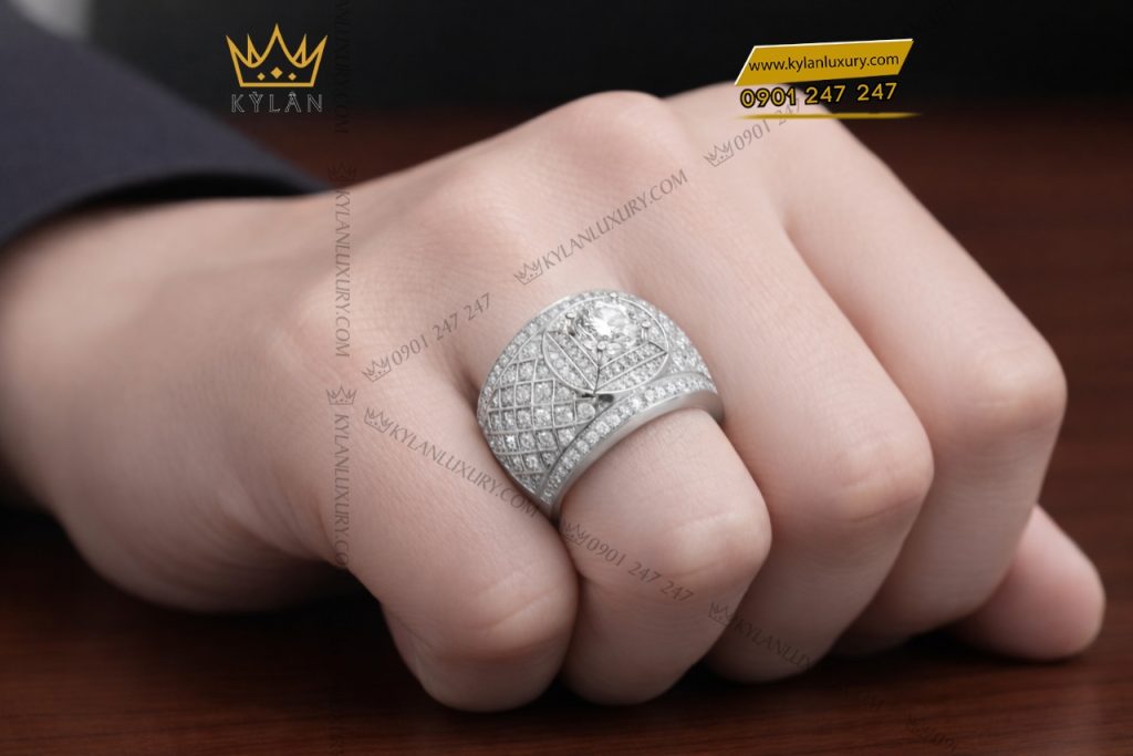 Kỳ Lân Luxury Nhan nam vang trang Au750 dinh kim cuong 7 1 Nhẫn nam vàng trắng Au750 đính kim cương