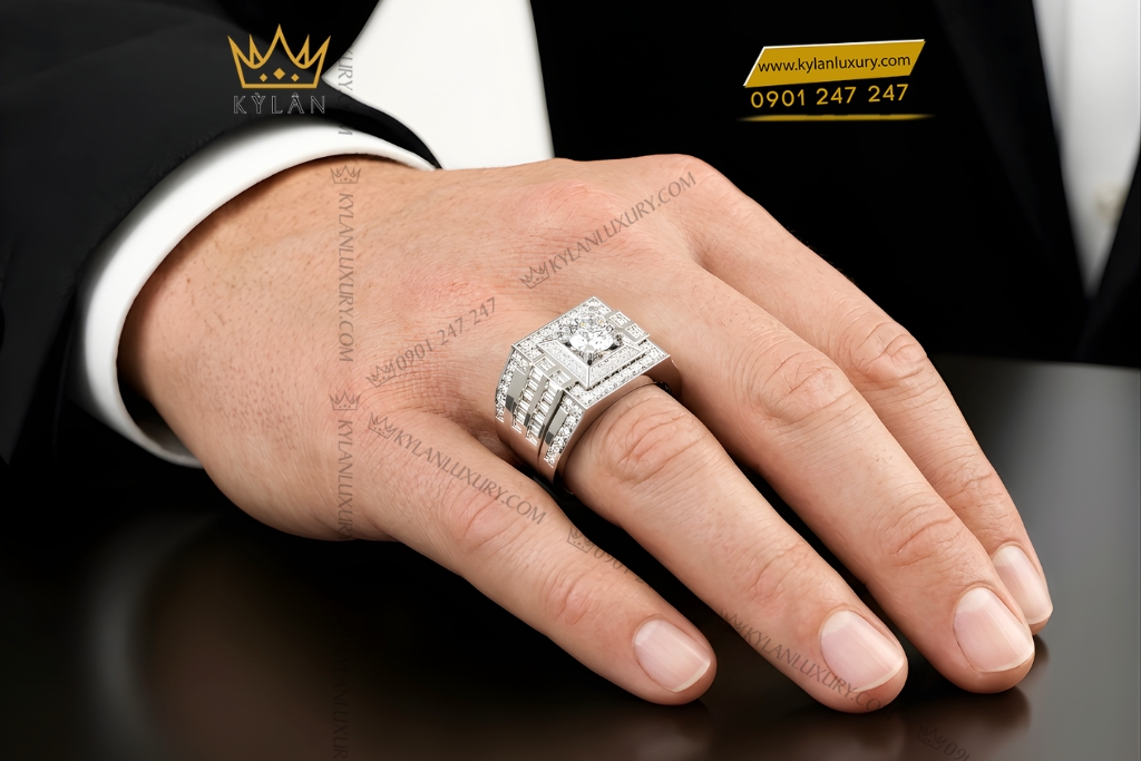 Kỳ Lân Luxury Nhan nam vang trang Au750 dinh kim cuong 7 2 Nhẫn nam vàng trắng Au750 đính kim cương