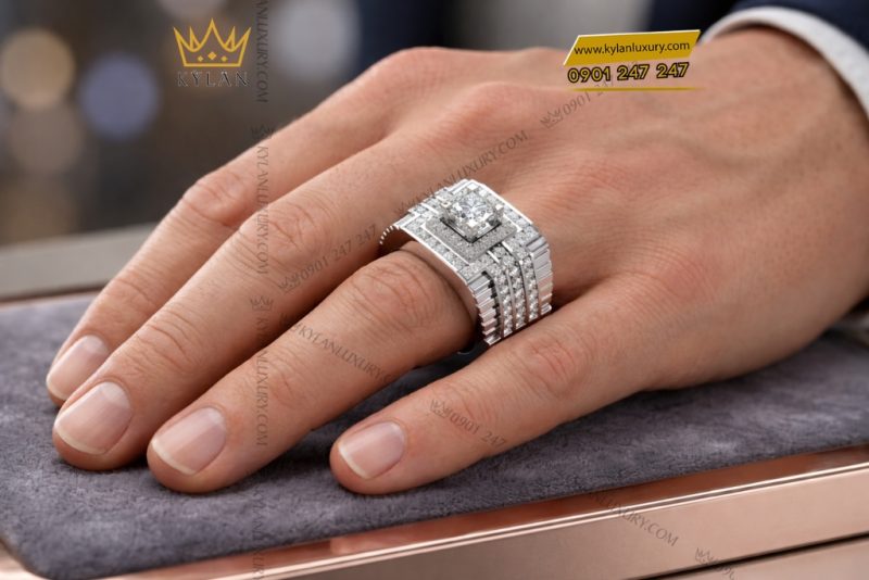 Nhẫn nam vàng trắng Au750 đính kim cương