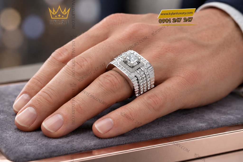 Kỳ Lân Luxury Nhan nam vang trang Au750 dinh kim cuong 7 4 Nhẫn nam vàng trắng Au750 đính kim cương