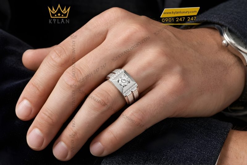 Nhẫn nam vàng trắng Au750 đính kim cương