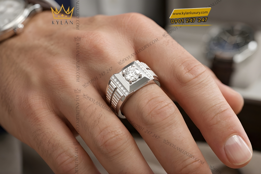 Nhẫn nam vàng trắng Au750 đính kim cương
