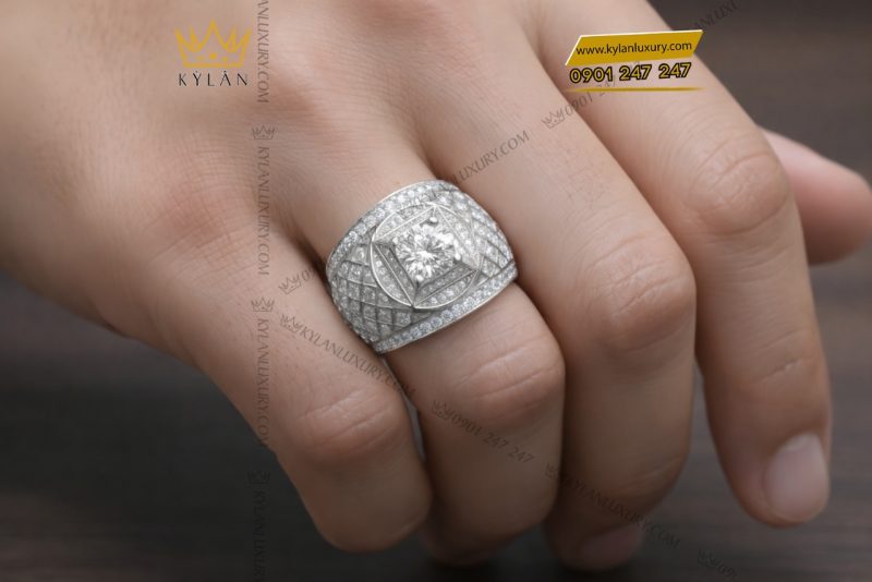 Nhẫn nam vàng trắng Au750 đính kim cương
