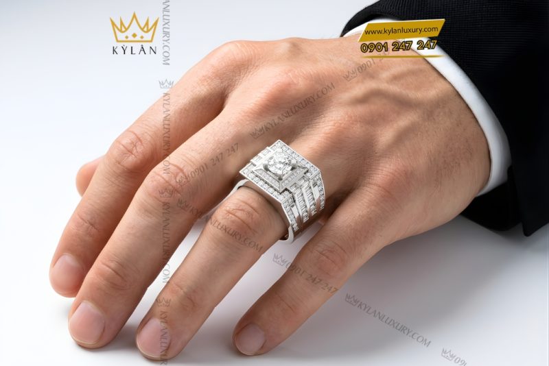 Nhẫn nam vàng trắng Au750 đính kim cương