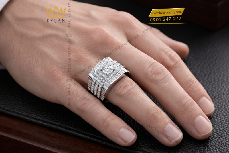 Nhẫn nam vàng trắng Au750 đính kim cương