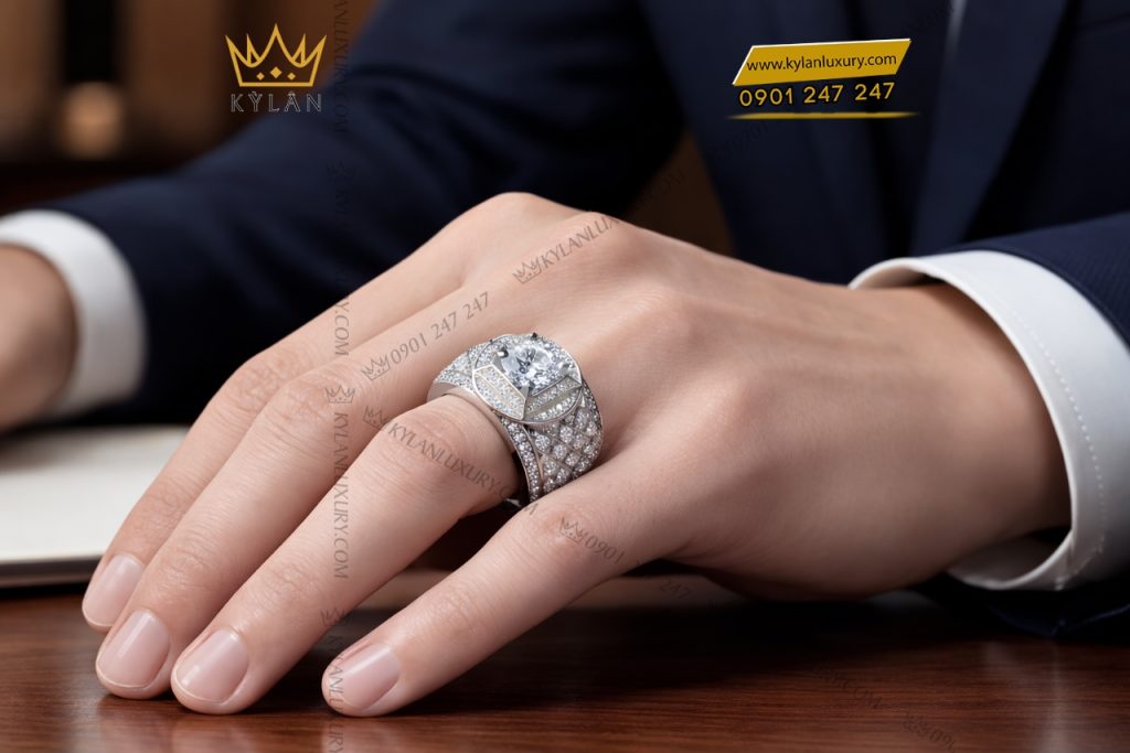 Nhẫn nam vàng trắng Au750 đính kim cương