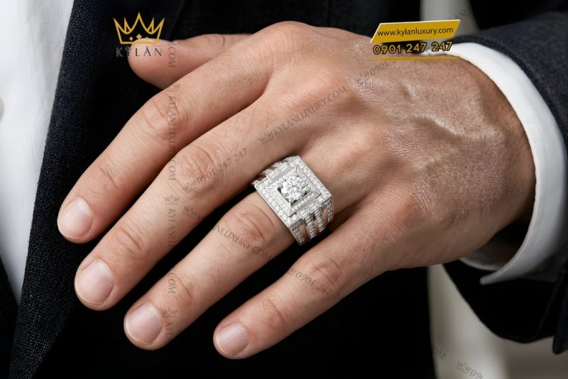 Nhẫn nam vàng trắng Au750 đính kim cương