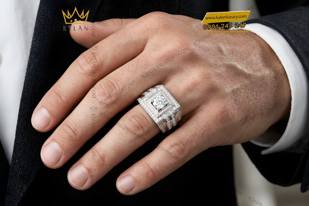 Nhẫn nam vàng trắng Au750 đính kim cương
