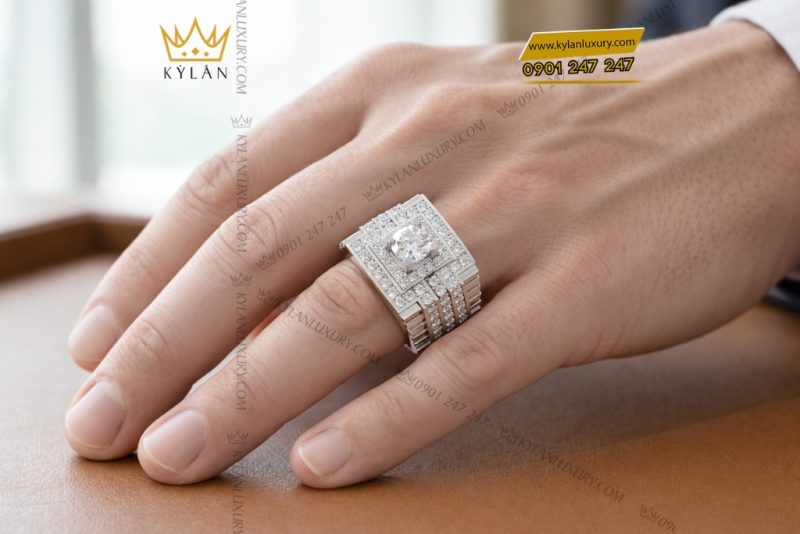 Nhẫn nam vàng trắng Au750 đính kim cương