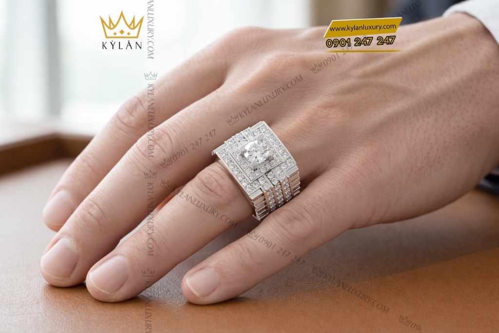 Kỳ Lân Luxury Nhan nam vang trang Au750 dinh kim cuong 9 4 Nhẫn nam vàng trắng Au750 đính kim cương