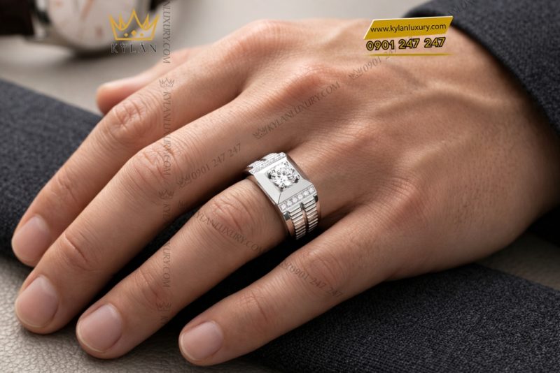 Nhẫn nam vàng trắng Au750 đính kim cương