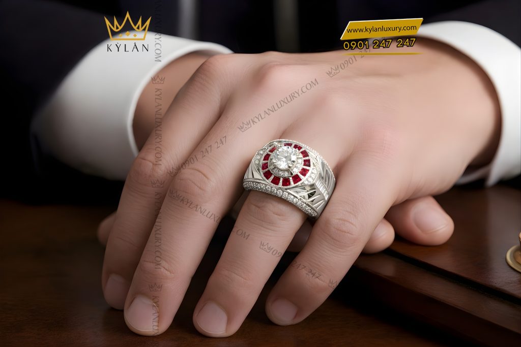 Nhẫn nam vàng trắng Au750 đính kim cương và sapphire đỏ