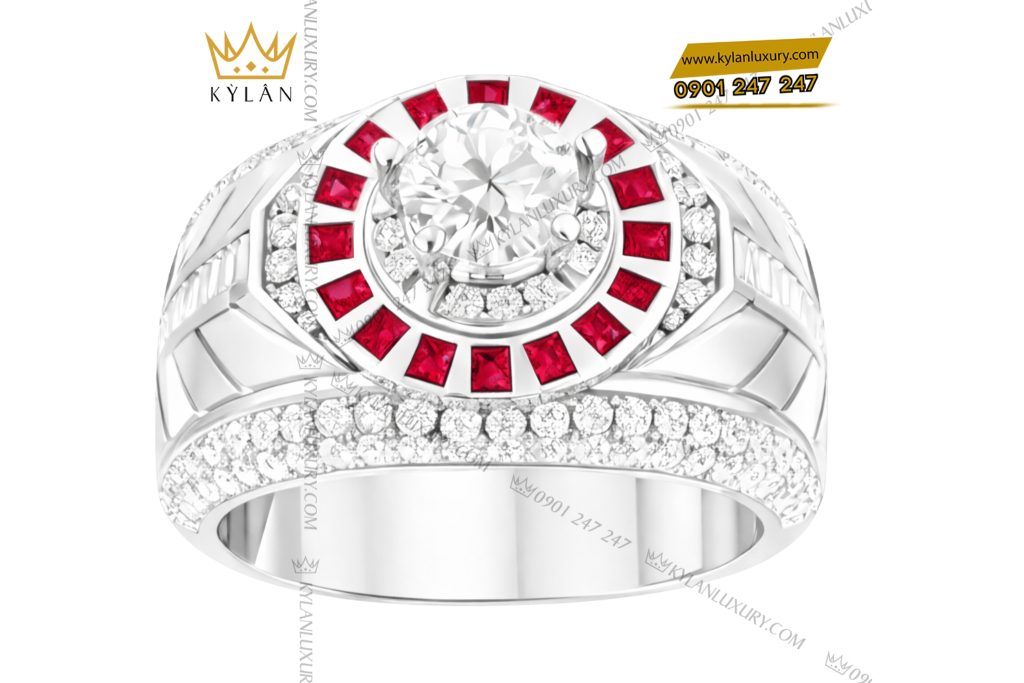 Nhẫn nam vàng trắng Au750 đính kim cương và sapphire đỏ