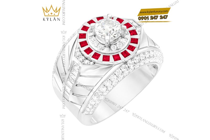 Nhẫn nam vàng trắng Au750 đính kim cương và sapphire đỏ