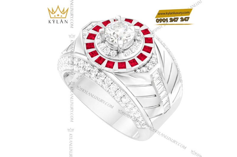 Nhẫn nam vàng trắng Au750 đính kim cương và sapphire đỏ
